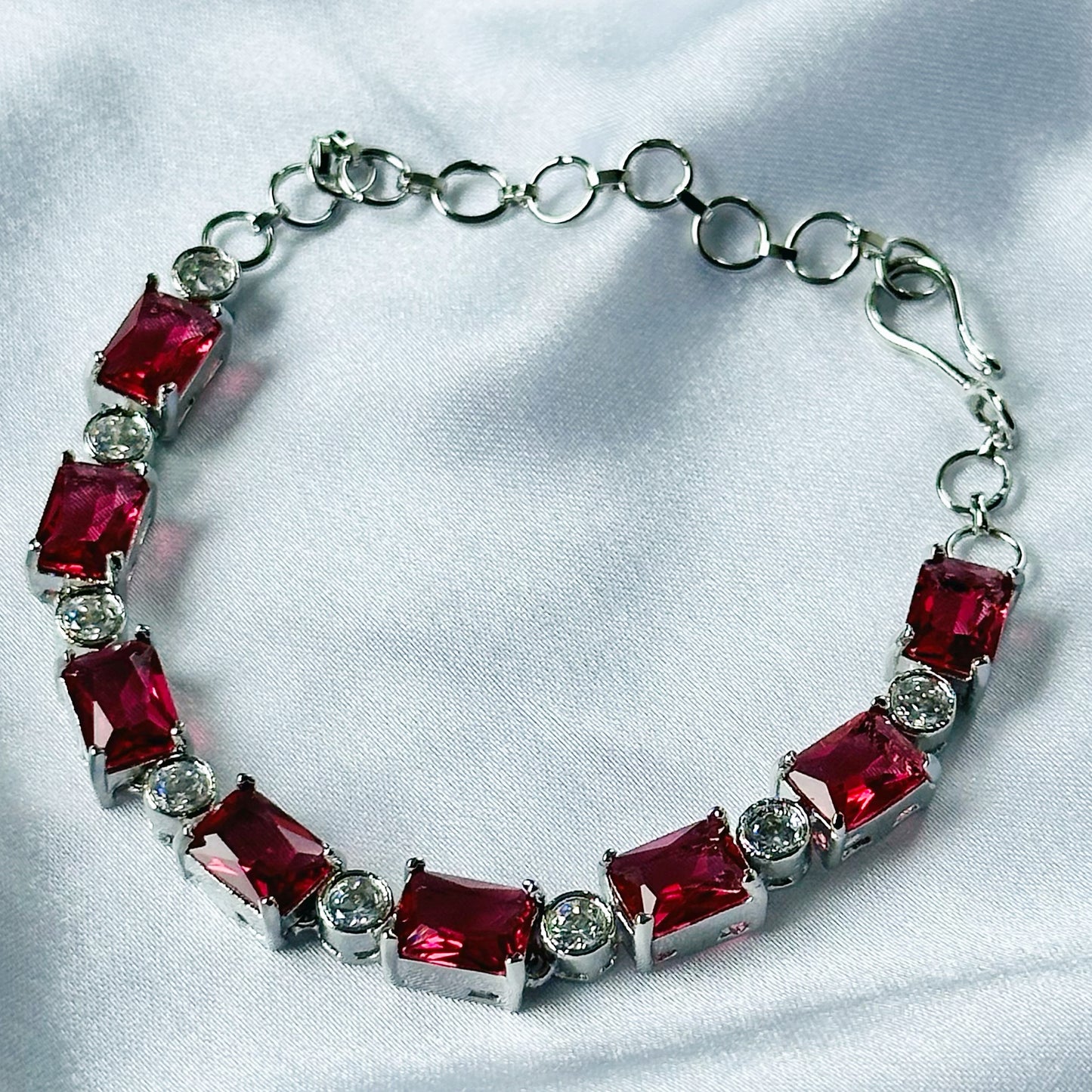 Red Ruby Cubic Zircon Stone American Diamond Silver Plated Chain Bracelet