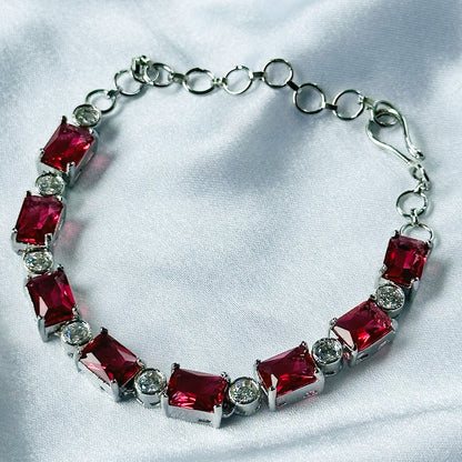 Red Ruby Cubic Zircon Stone American Diamond Silver Plated Chain Bracelet