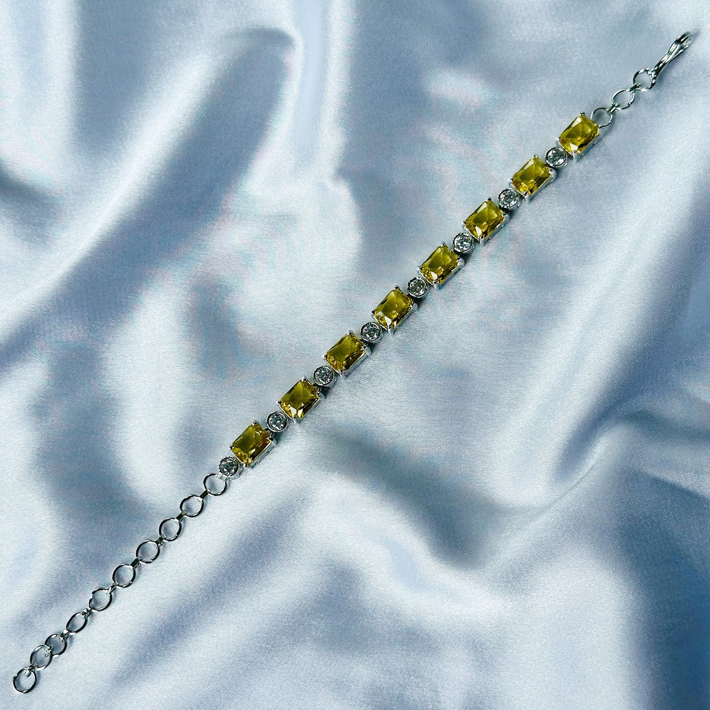 Yellow Topaz Cubic Zircon Stone American Diamond Silver Plated Chain Bracelet