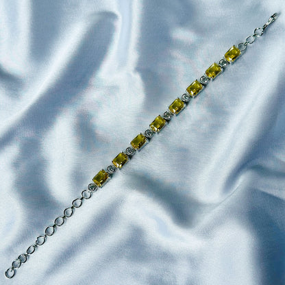 Yellow Topaz Cubic Zircon Stone American Diamond Silver Plated Chain Bracelet