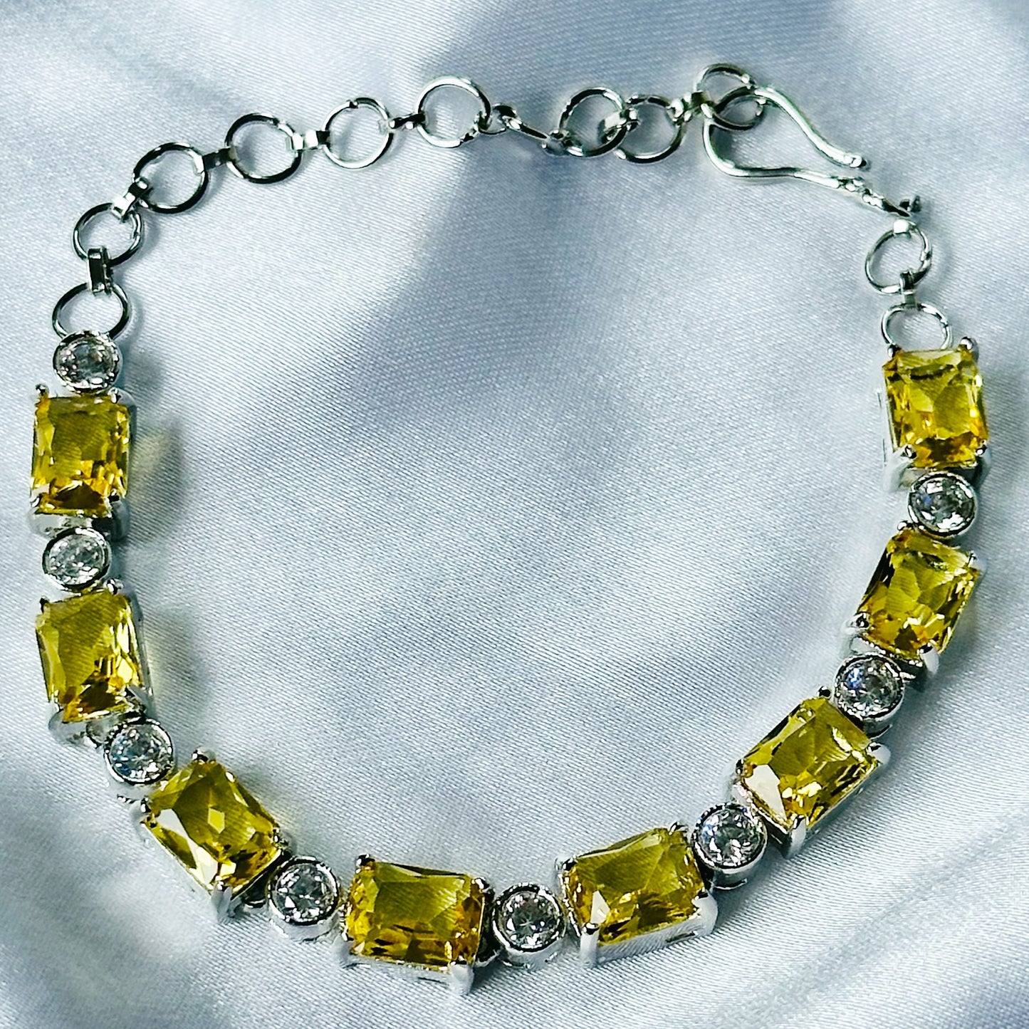Yellow Topaz Cubic Zircon Stone American Diamond Silver Plated Chain Bracelet