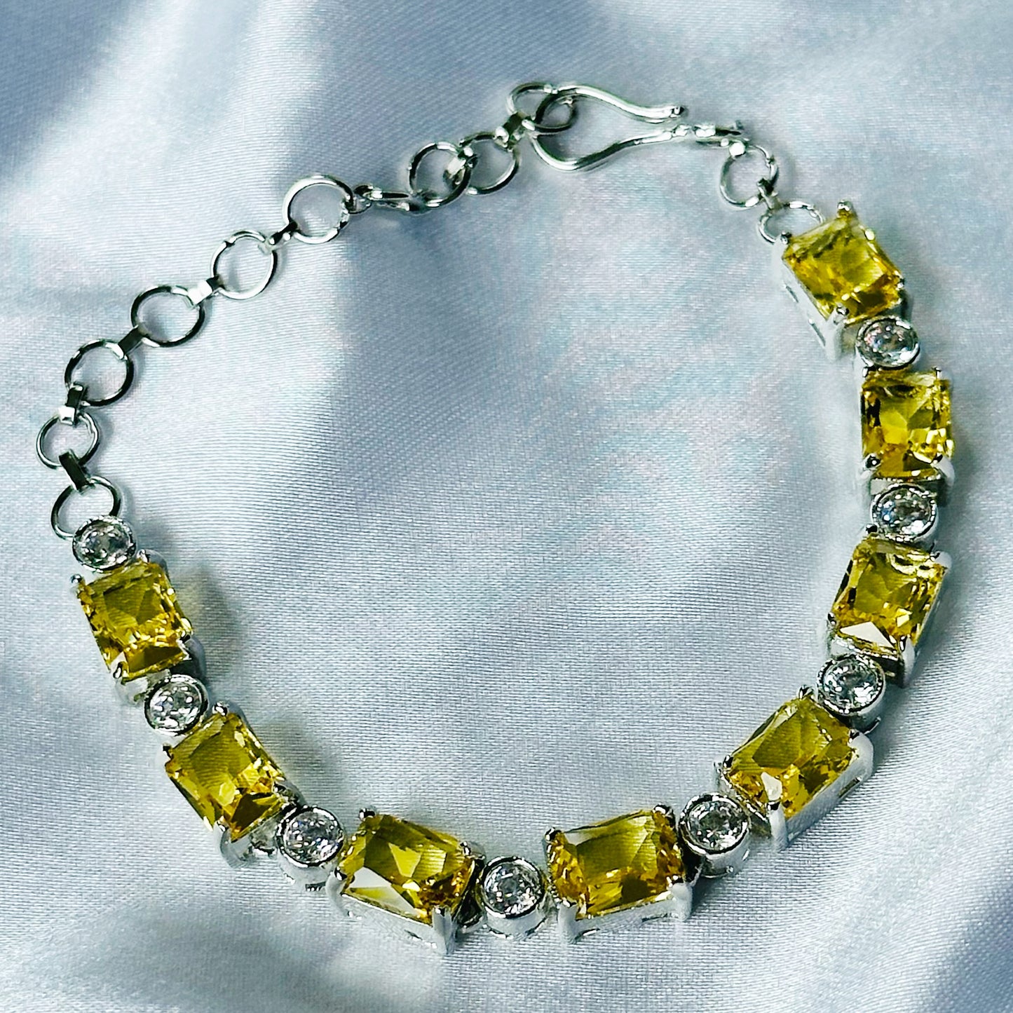 Yellow Topaz Cubic Zircon Stone American Diamond Silver Plated Chain Bracelet