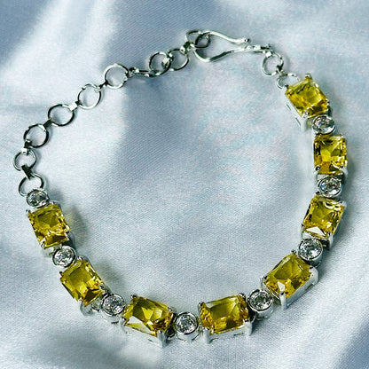 Yellow Topaz Cubic Zircon Stone American Diamond Silver Plated Chain Bracelet