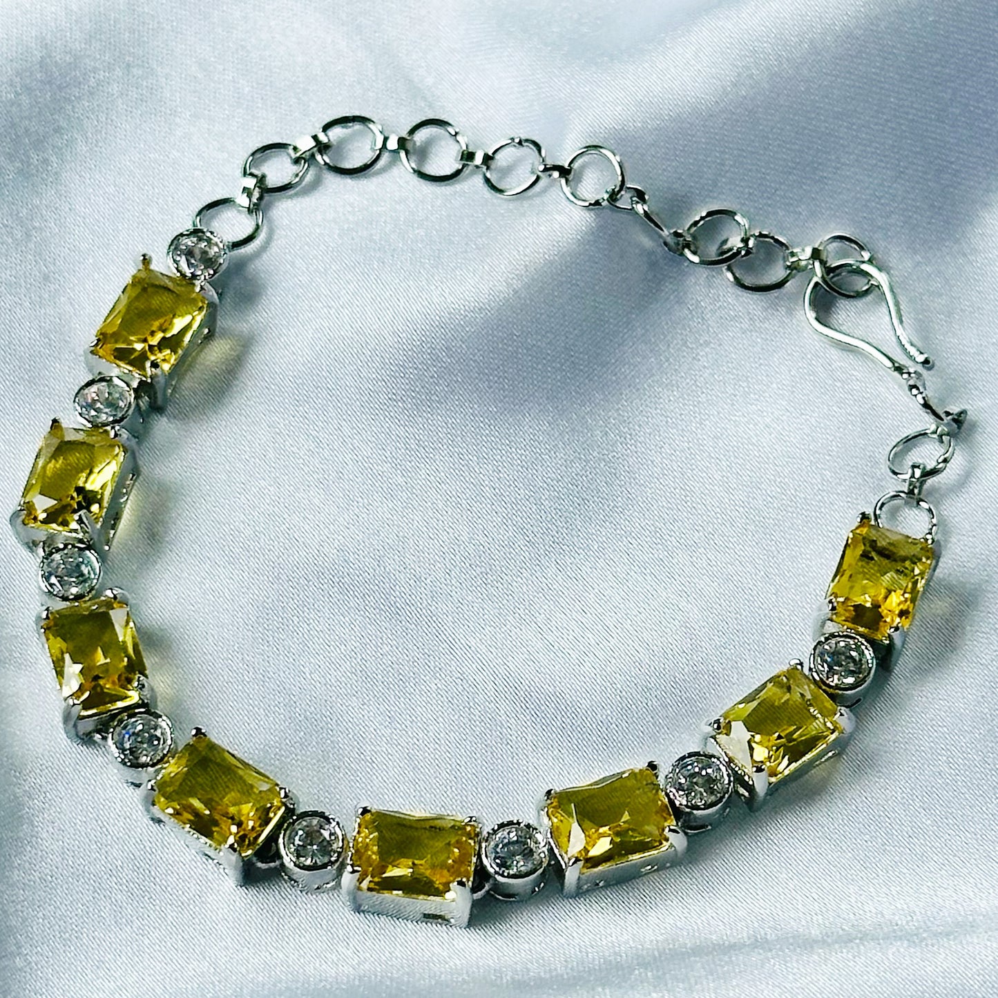 Yellow Topaz Cubic Zircon Stone American Diamond Silver Plated Chain Bracelet