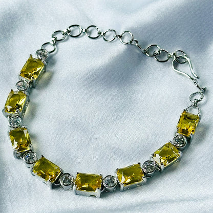 Yellow Topaz Cubic Zircon Stone American Diamond Silver Plated Chain Bracelet