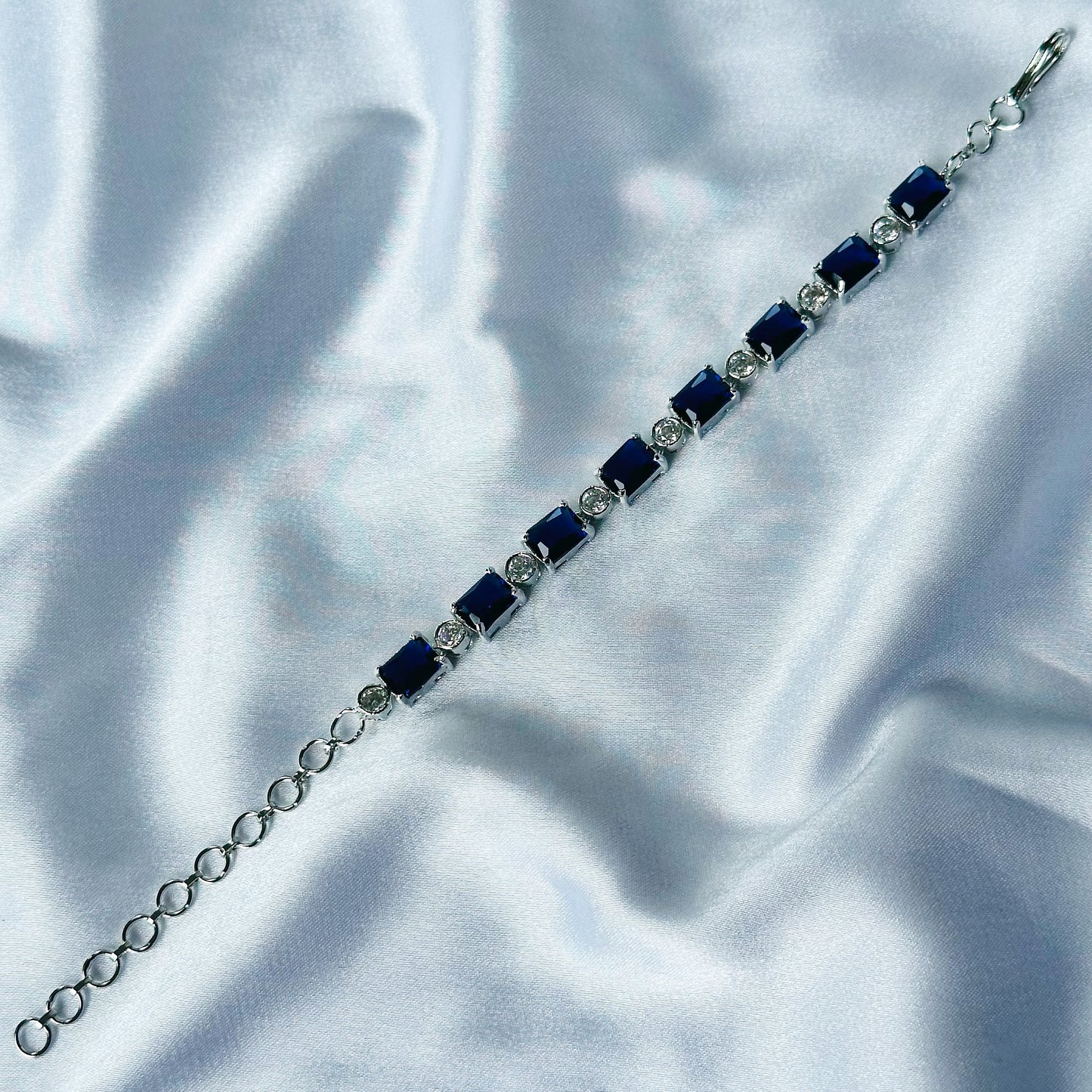 Blue Sapphire Cubic Zircon Stone American Diamond Silver Plated Chain Bracelet