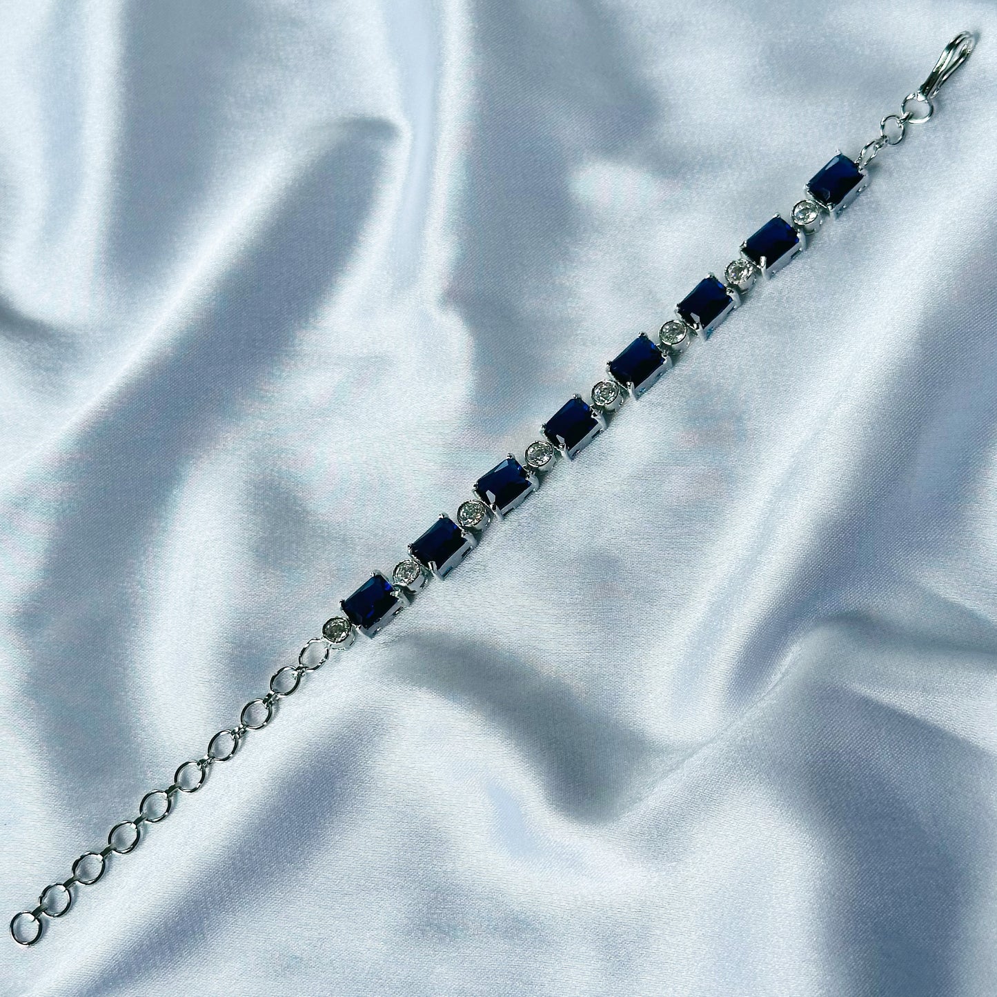 Blue Sapphire Cubic Zircon Stone American Diamond Silver Plated Chain Bracelet