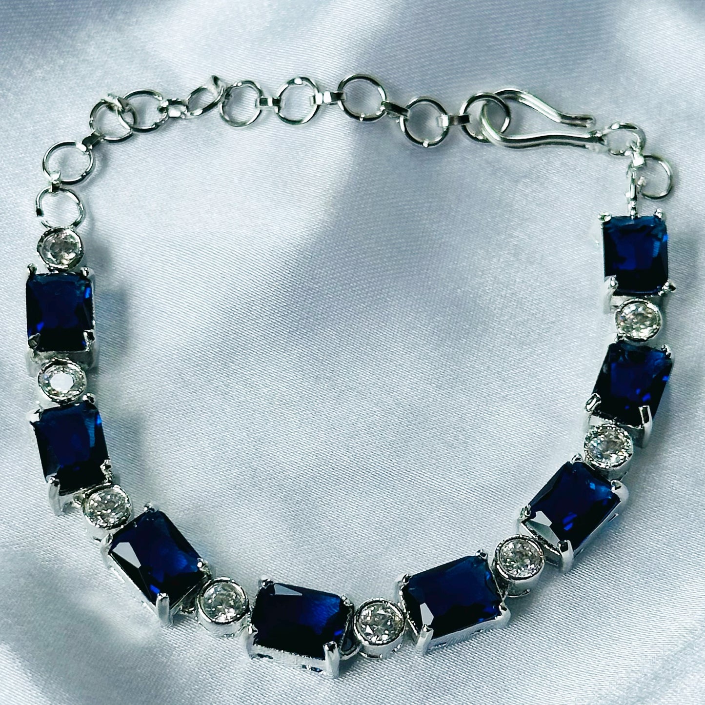 Blue Sapphire Cubic Zircon Stone American Diamond Silver Plated Chain Bracelet