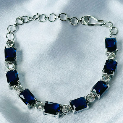 Blue Sapphire Cubic Zircon Stone American Diamond Silver Plated Chain Bracelet