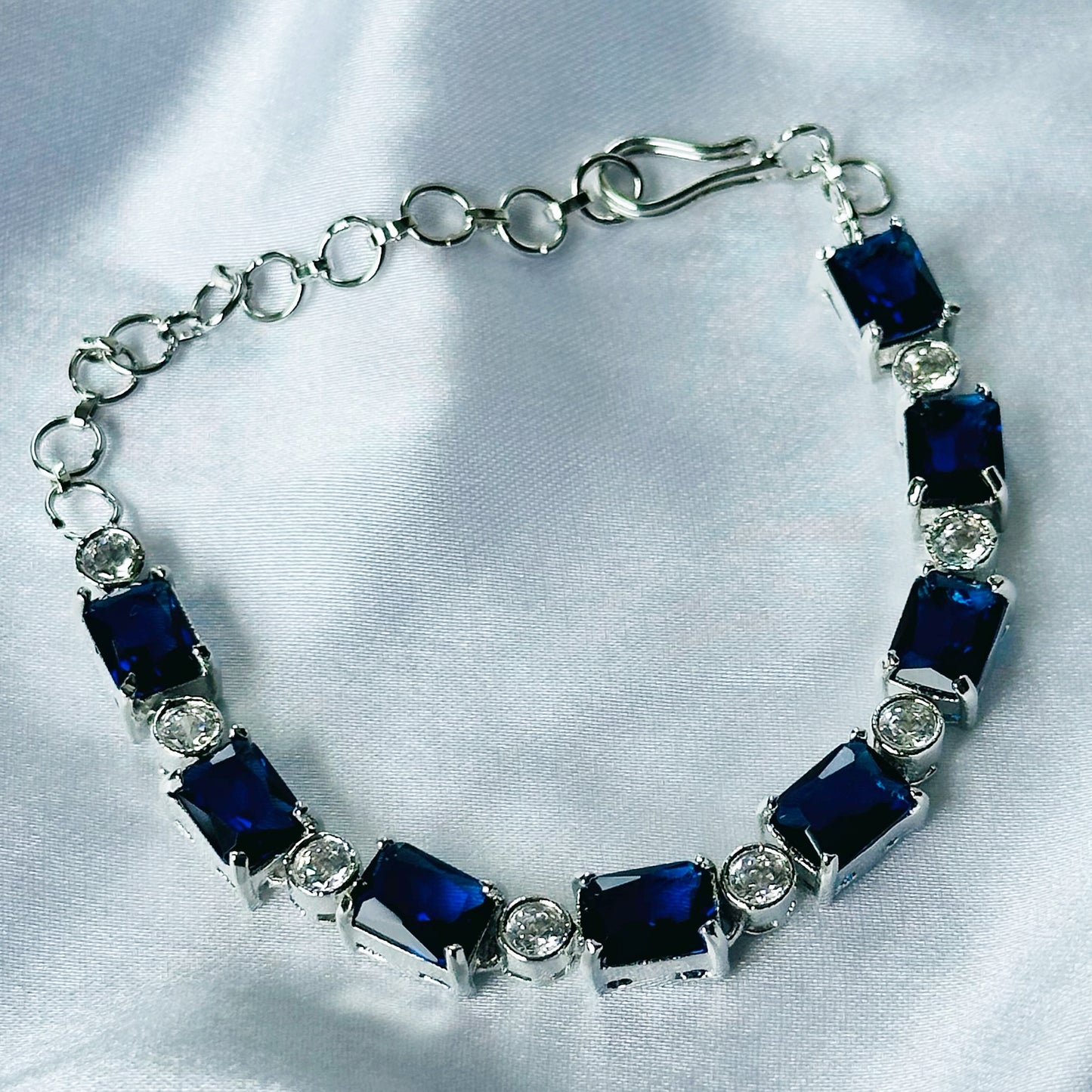 Blue Sapphire Cubic Zircon Stone American Diamond Silver Plated Chain Bracelet