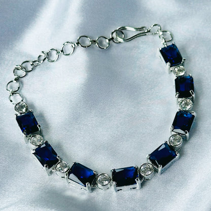 Blue Sapphire Cubic Zircon Stone American Diamond Silver Plated Chain Bracelet