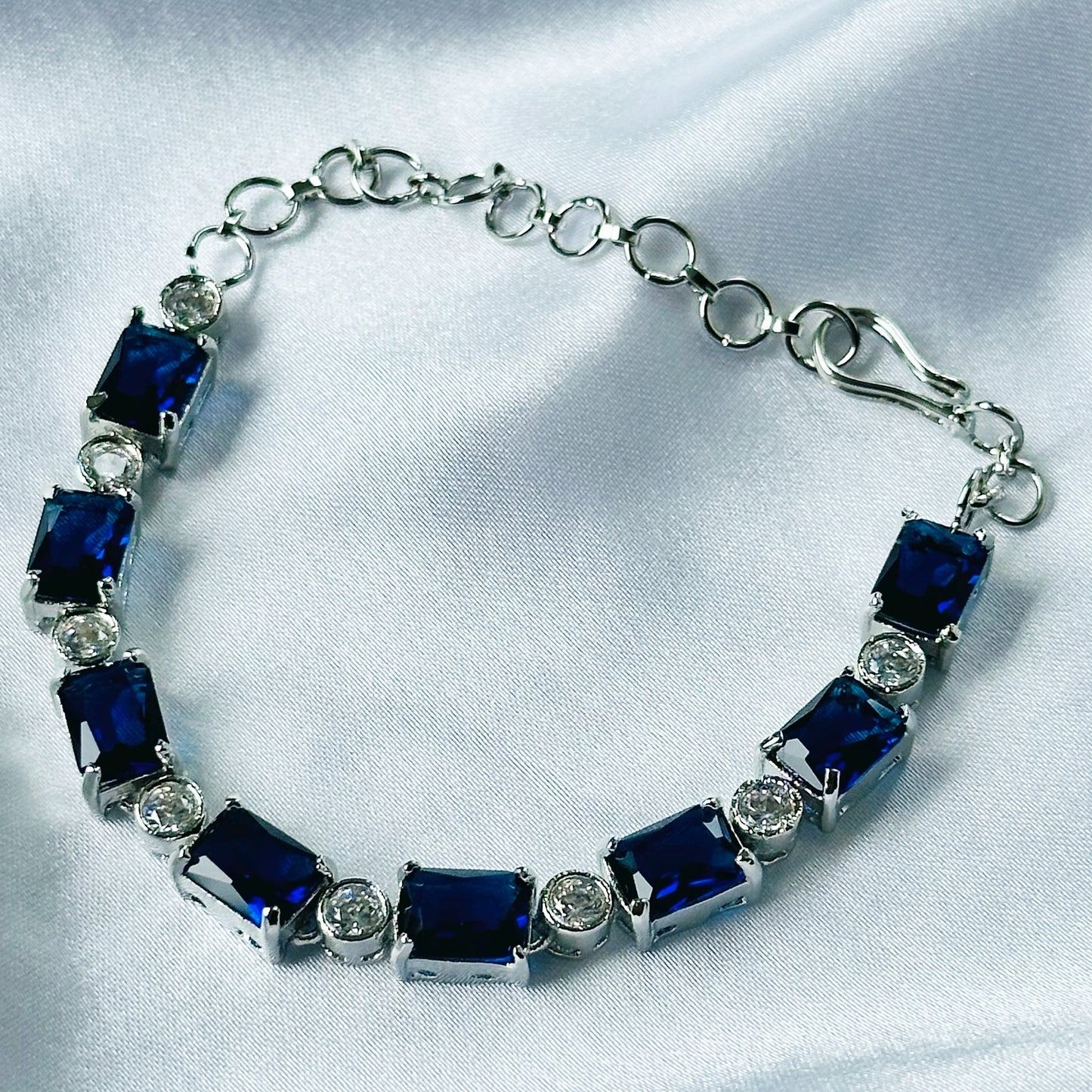 Blue Sapphire Cubic Zircon Stone American Diamond Silver Plated Chain Bracelet