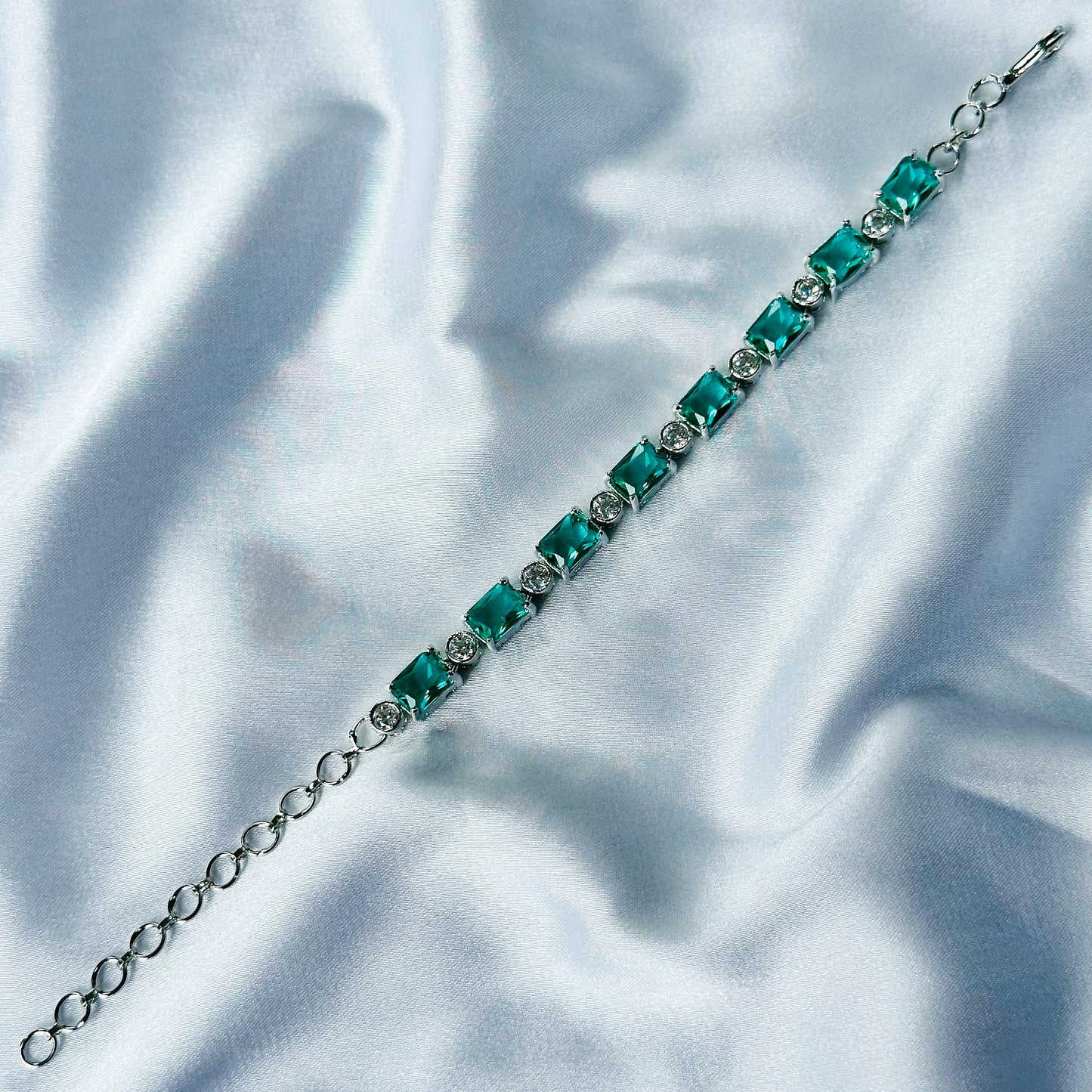 Sea Green Topaz Cubic Zircon Stone American Diamond Silver Plated Chain Bracelet