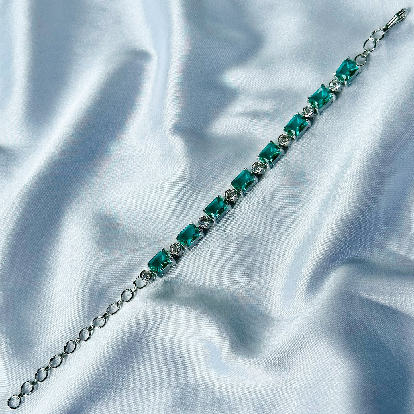 Sea Green Topaz Cubic Zircon Stone American Diamond Silver Plated Chain Bracelet