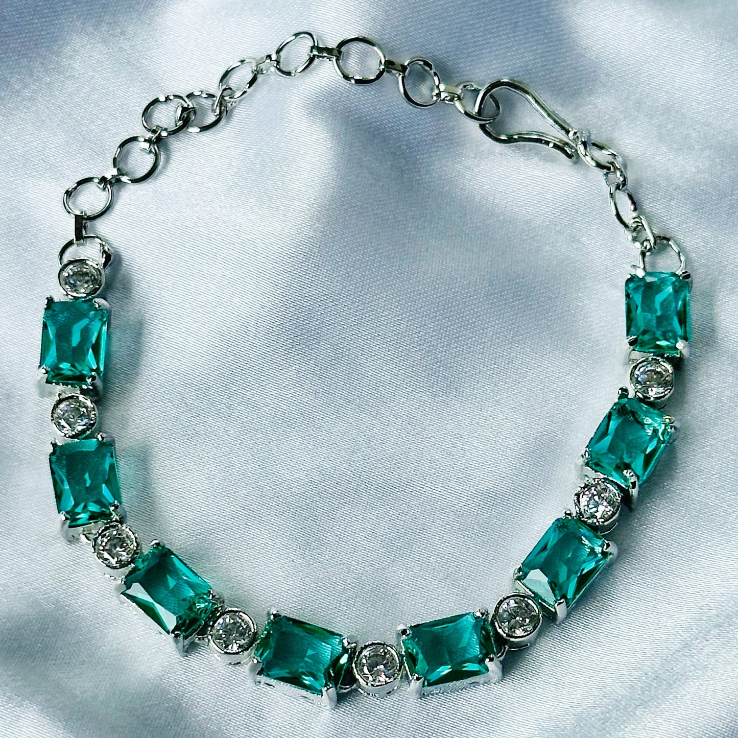 Sea Green Topaz Cubic Zircon Stone American Diamond Silver Plated Chain Bracelet