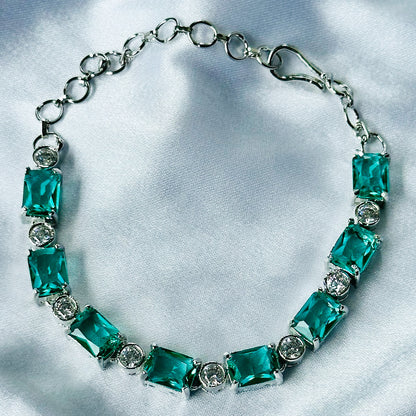 Sea Green Topaz Cubic Zircon Stone American Diamond Silver Plated Chain Bracelet