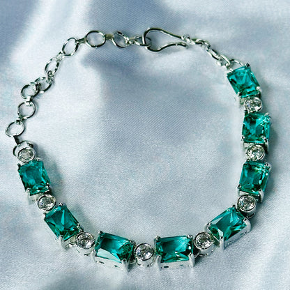 Sea Green Topaz Cubic Zircon Stone American Diamond Silver Plated Chain Bracelet