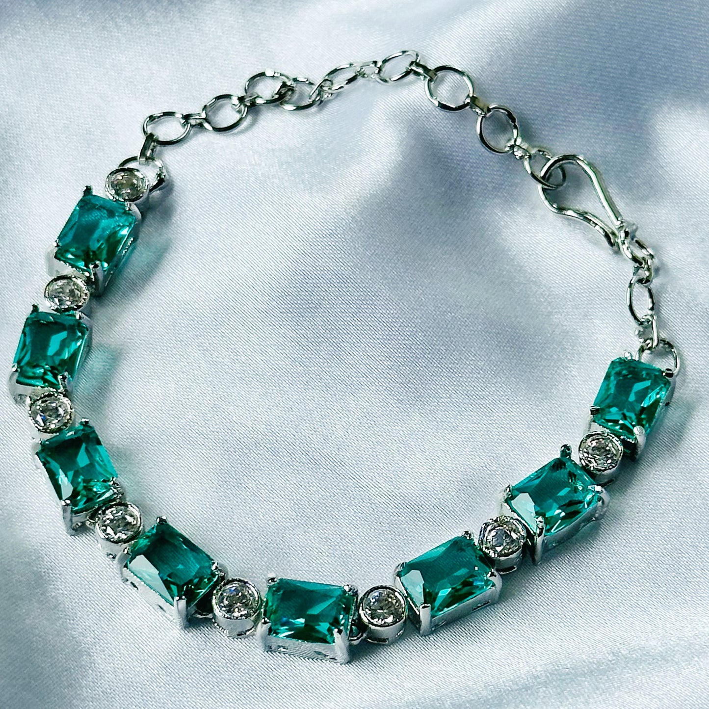 Sea Green Topaz Cubic Zircon Stone American Diamond Silver Plated Chain Bracelet