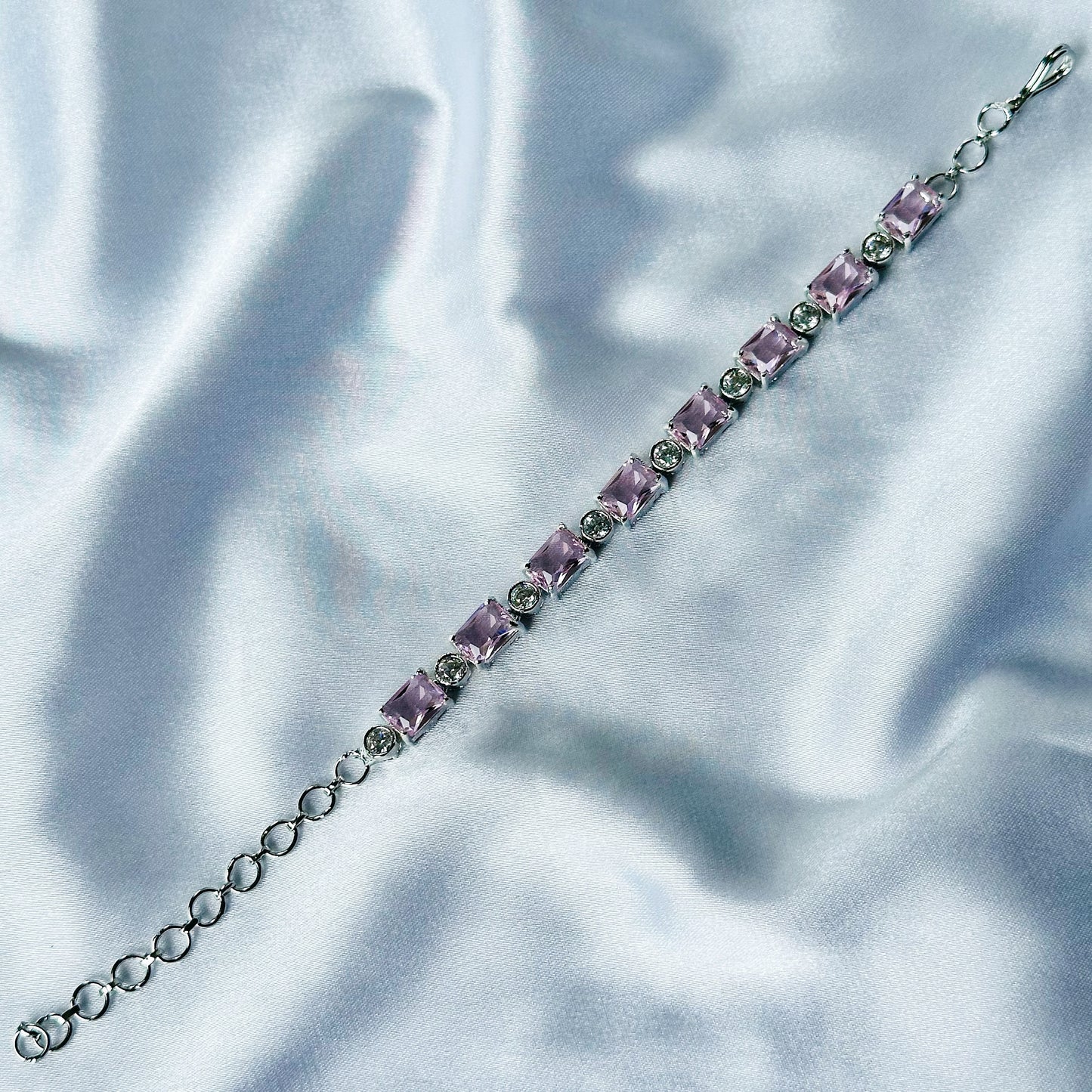 Pink Topaz Cubic Zircon Stone American Diamond Silver Plated Chain Bracelet
