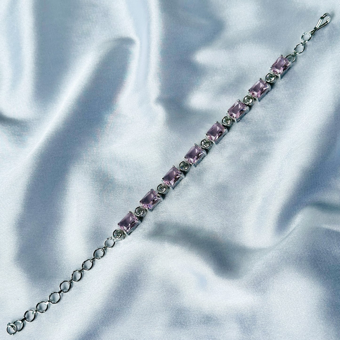 Pink Topaz Cubic Zircon Stone American Diamond Silver Plated Chain Bracelet