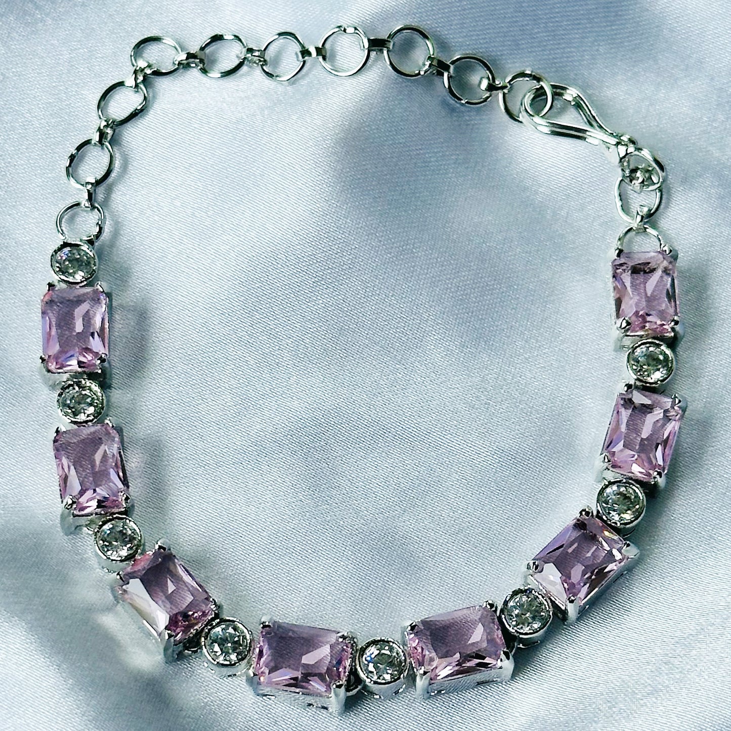 Pink Topaz Cubic Zircon Stone American Diamond Silver Plated Chain Bracelet