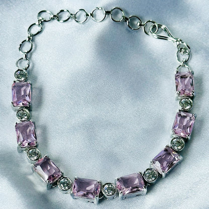 Pink Topaz Cubic Zircon Stone American Diamond Silver Plated Chain Bracelet