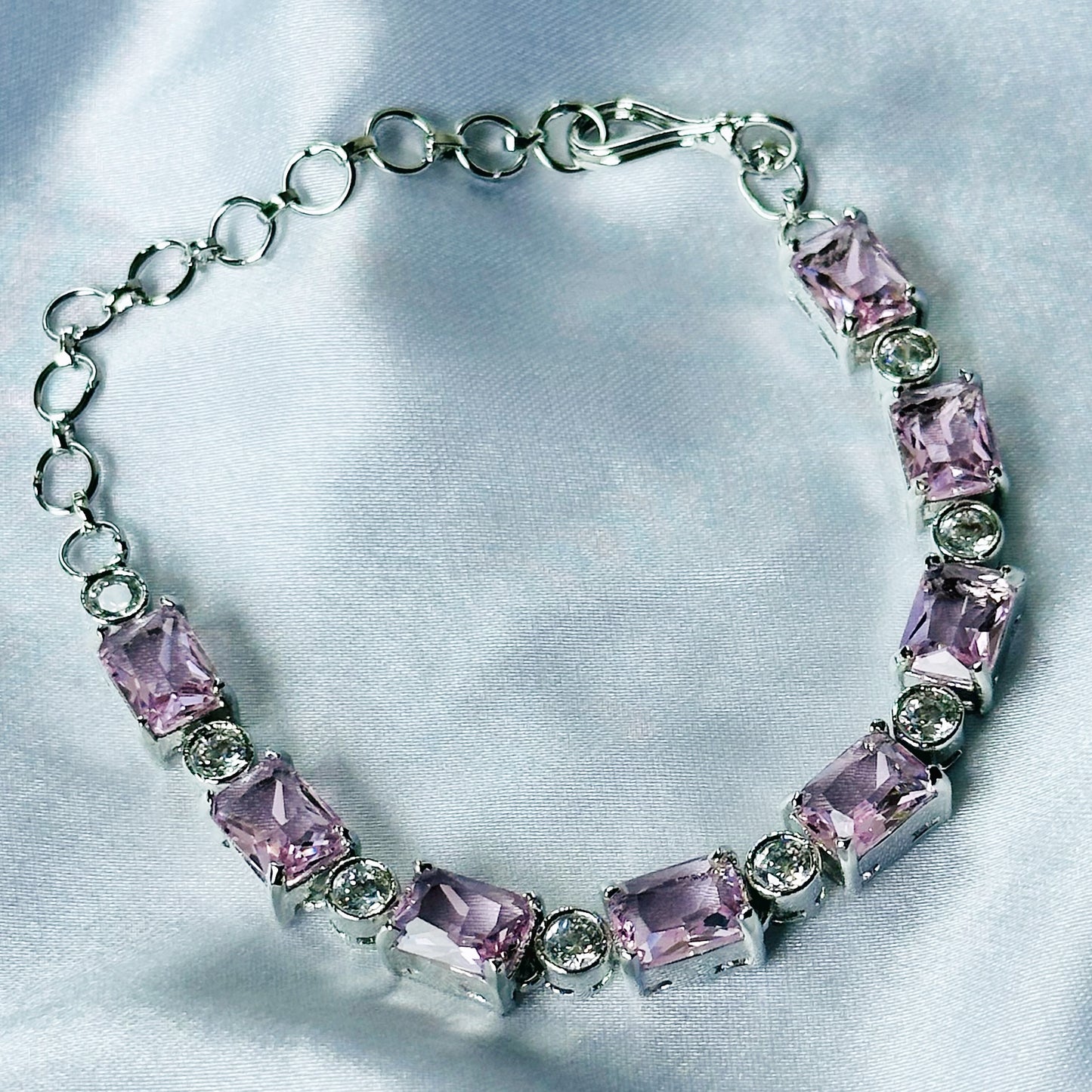 Pink Topaz Cubic Zircon Stone American Diamond Silver Plated Chain Bracelet