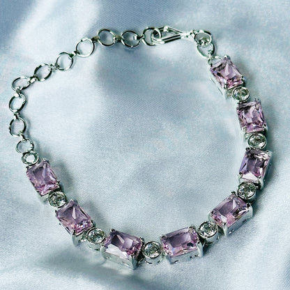 Pink Topaz Cubic Zircon Stone American Diamond Silver Plated Chain Bracelet