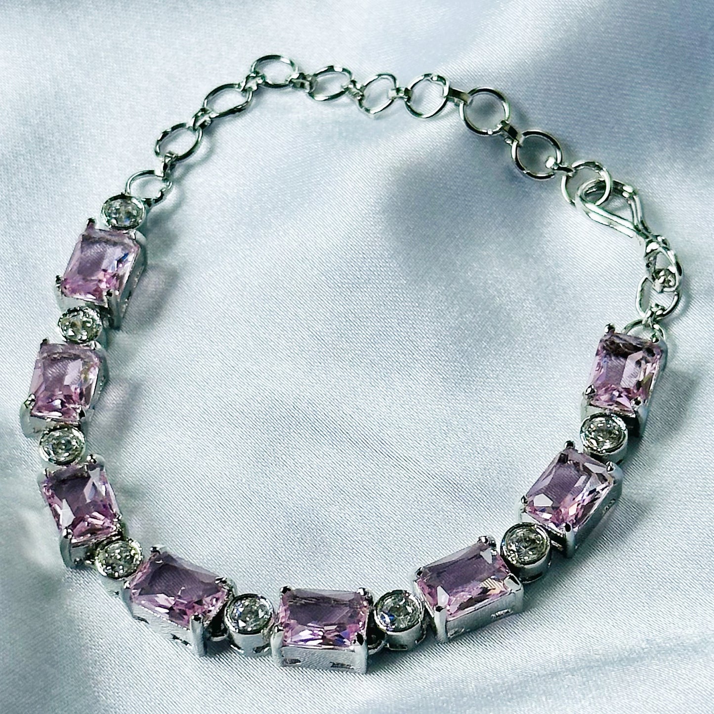 Pink Topaz Cubic Zircon Stone American Diamond Silver Plated Chain Bracelet