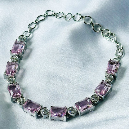 Pink Topaz Cubic Zircon Stone American Diamond Silver Plated Chain Bracelet