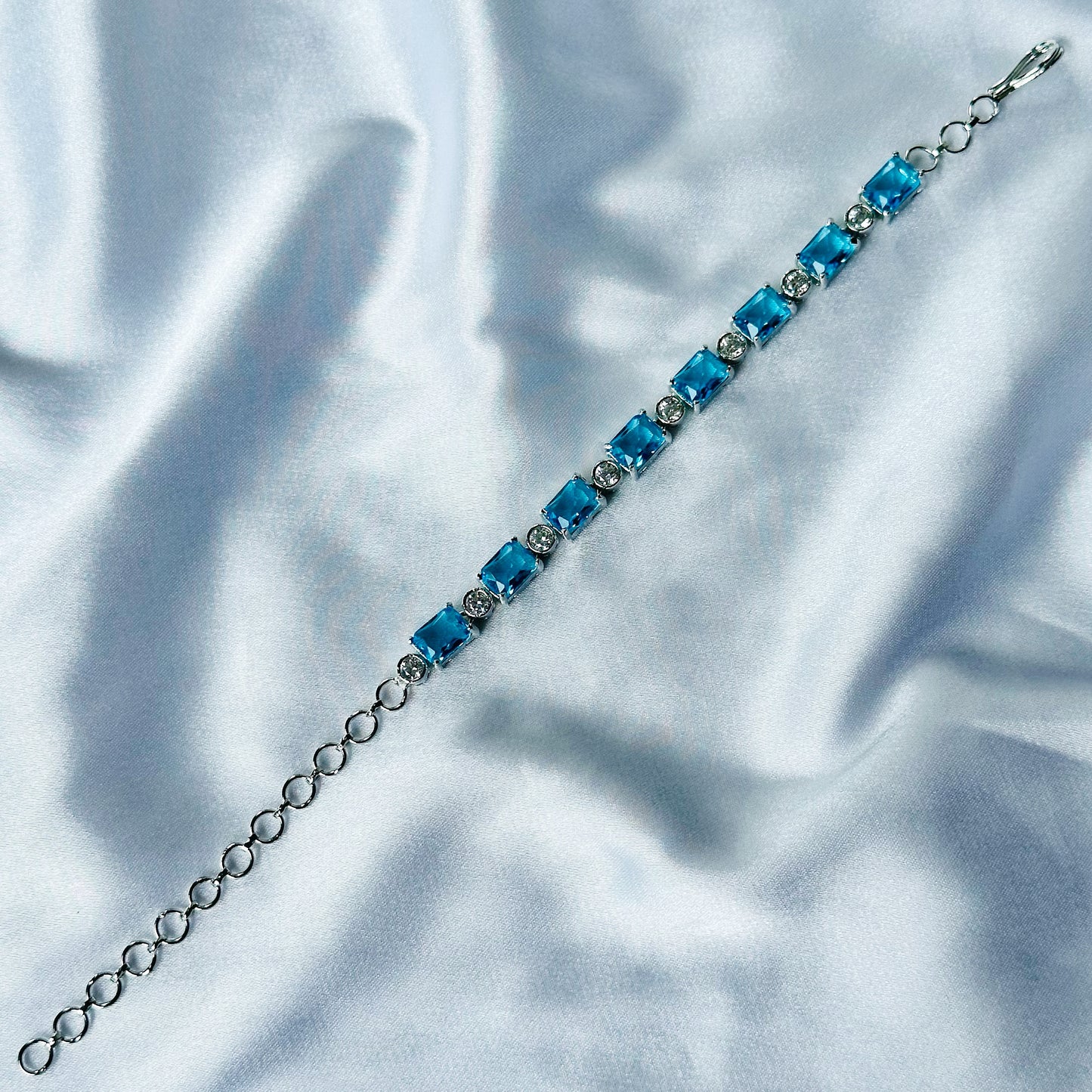 Aqua Blue Sapphire Cubic Zircon Stone American Diamond Silver Plated Chain Bracelet