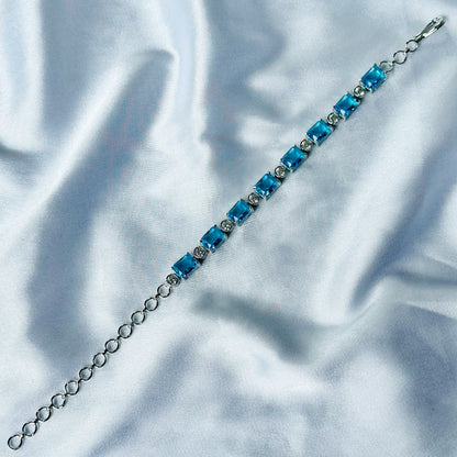 Aqua Blue Sapphire Cubic Zircon Stone American Diamond Silver Plated Chain Bracelet