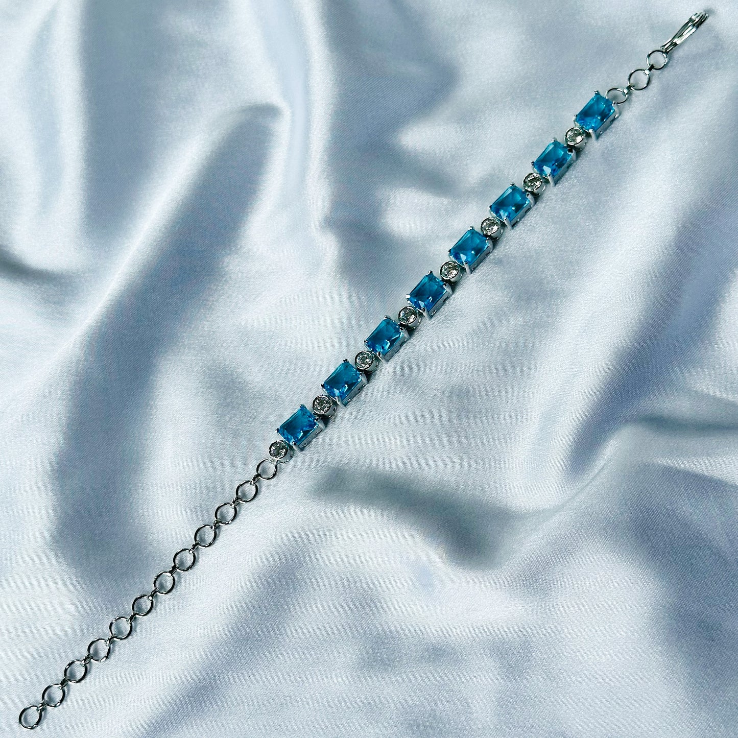 Aqua Blue Sapphire Cubic Zircon Stone American Diamond Silver Plated Chain Bracelet