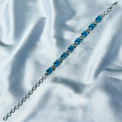 Aqua Blue Sapphire Cubic Zircon Stone American Diamond Silver Plated Chain Bracelet