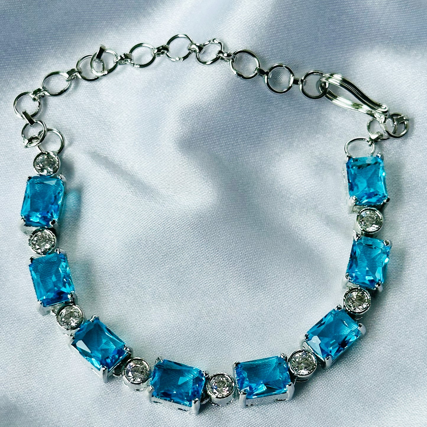Aqua Blue Sapphire Cubic Zircon Stone American Diamond Silver Plated Chain Bracelet