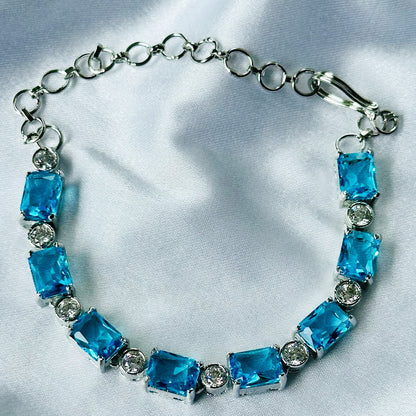 Aqua Blue Sapphire Cubic Zircon Stone American Diamond Silver Plated Chain Bracelet