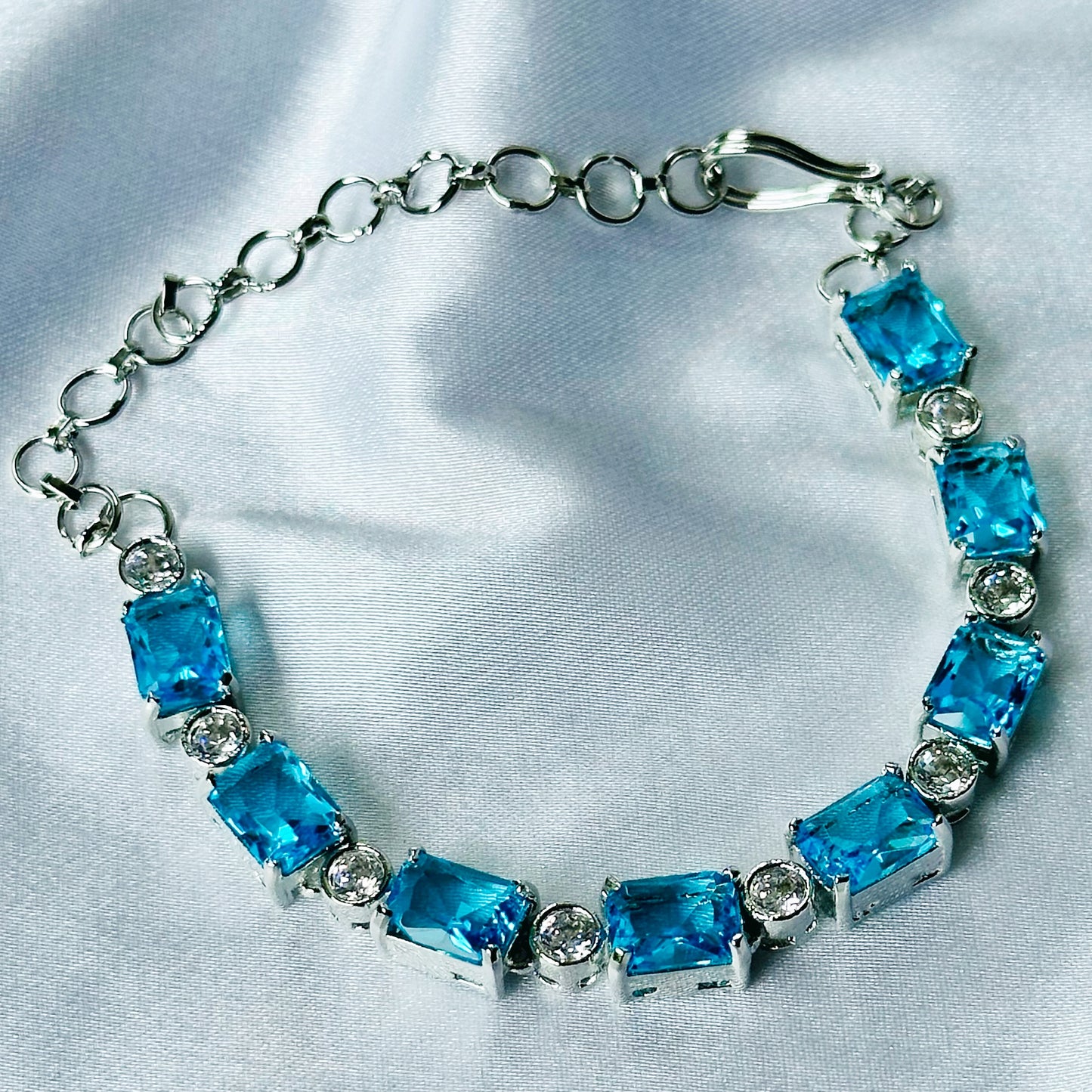 Aqua Blue Sapphire Cubic Zircon Stone American Diamond Silver Plated Chain Bracelet