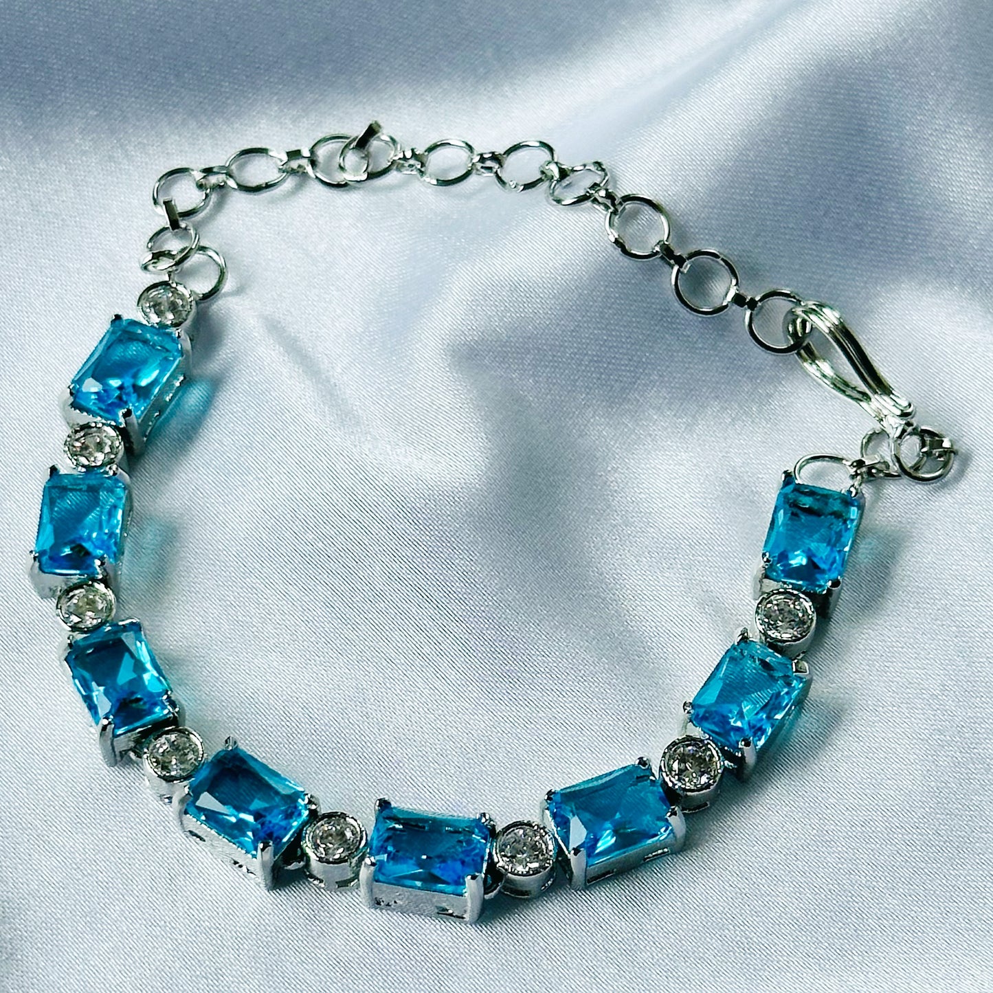 Aqua Blue Sapphire Cubic Zircon Stone American Diamond Silver Plated Chain Bracelet