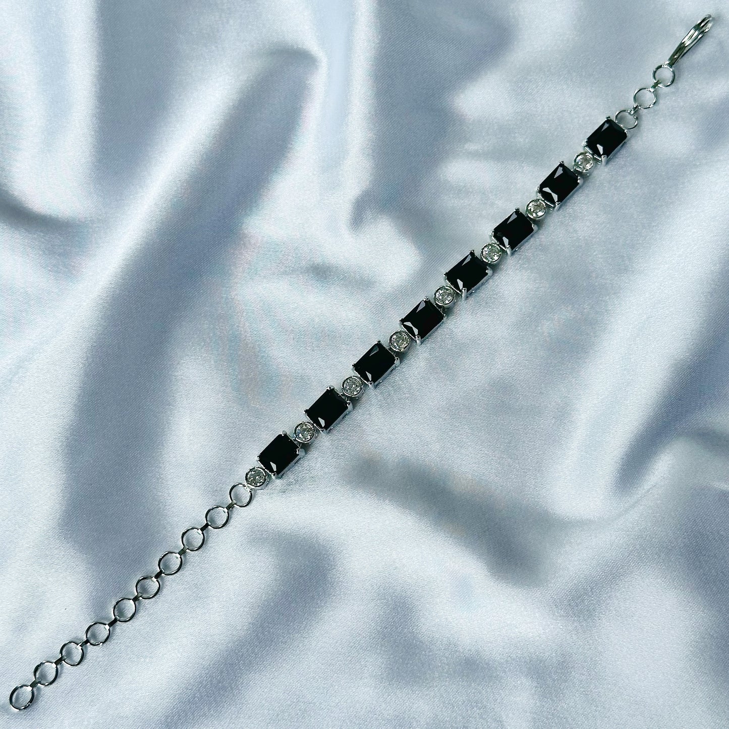 Black Zircon Stone American Diamond Silver Plated Chain Bracelet