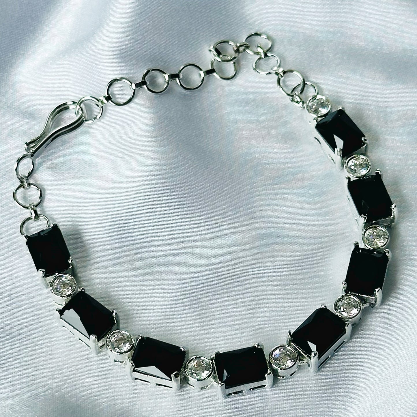 Black Zircon Stone American Diamond Silver Plated Chain Bracelet