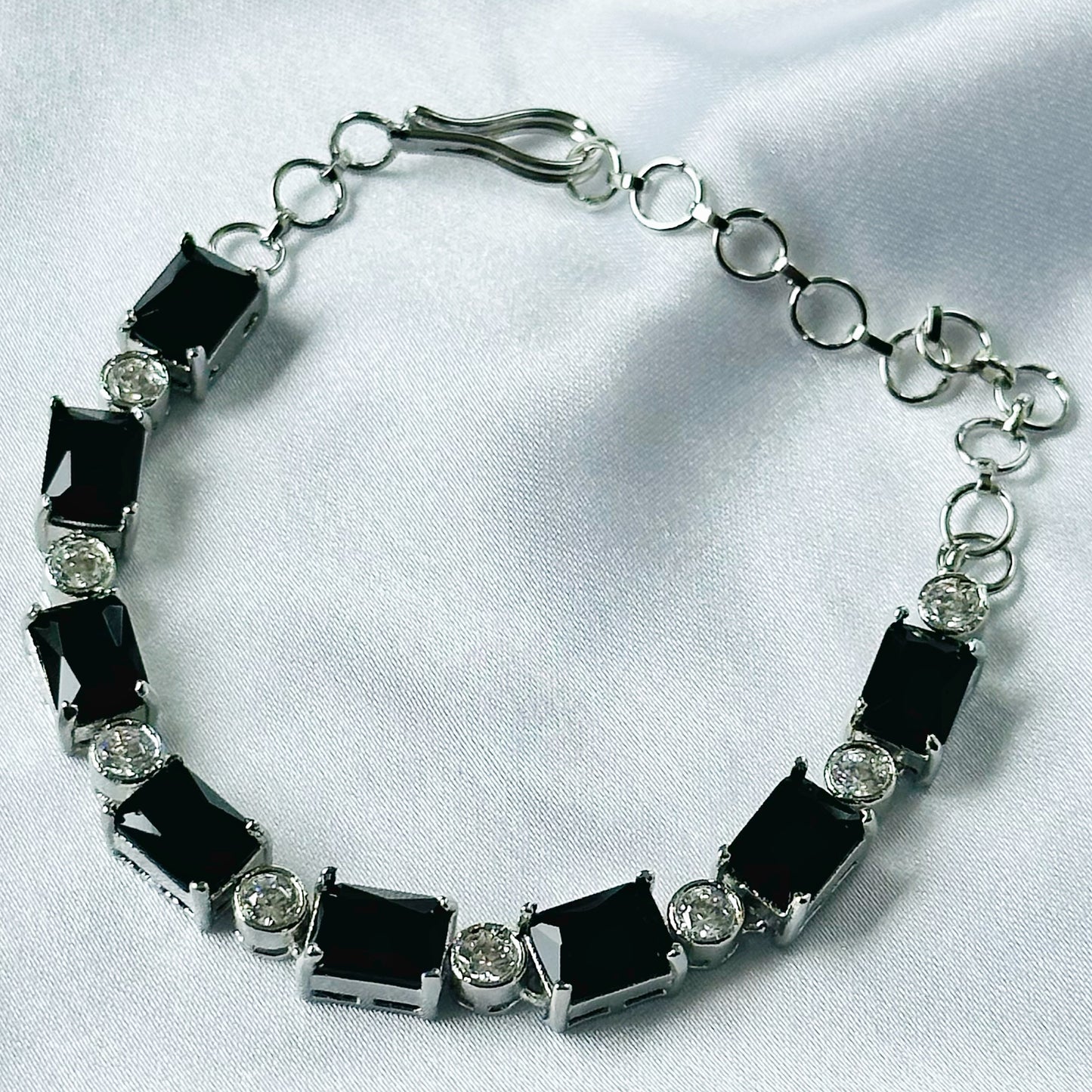 Black Zircon Stone American Diamond Silver Plated Chain Bracelet