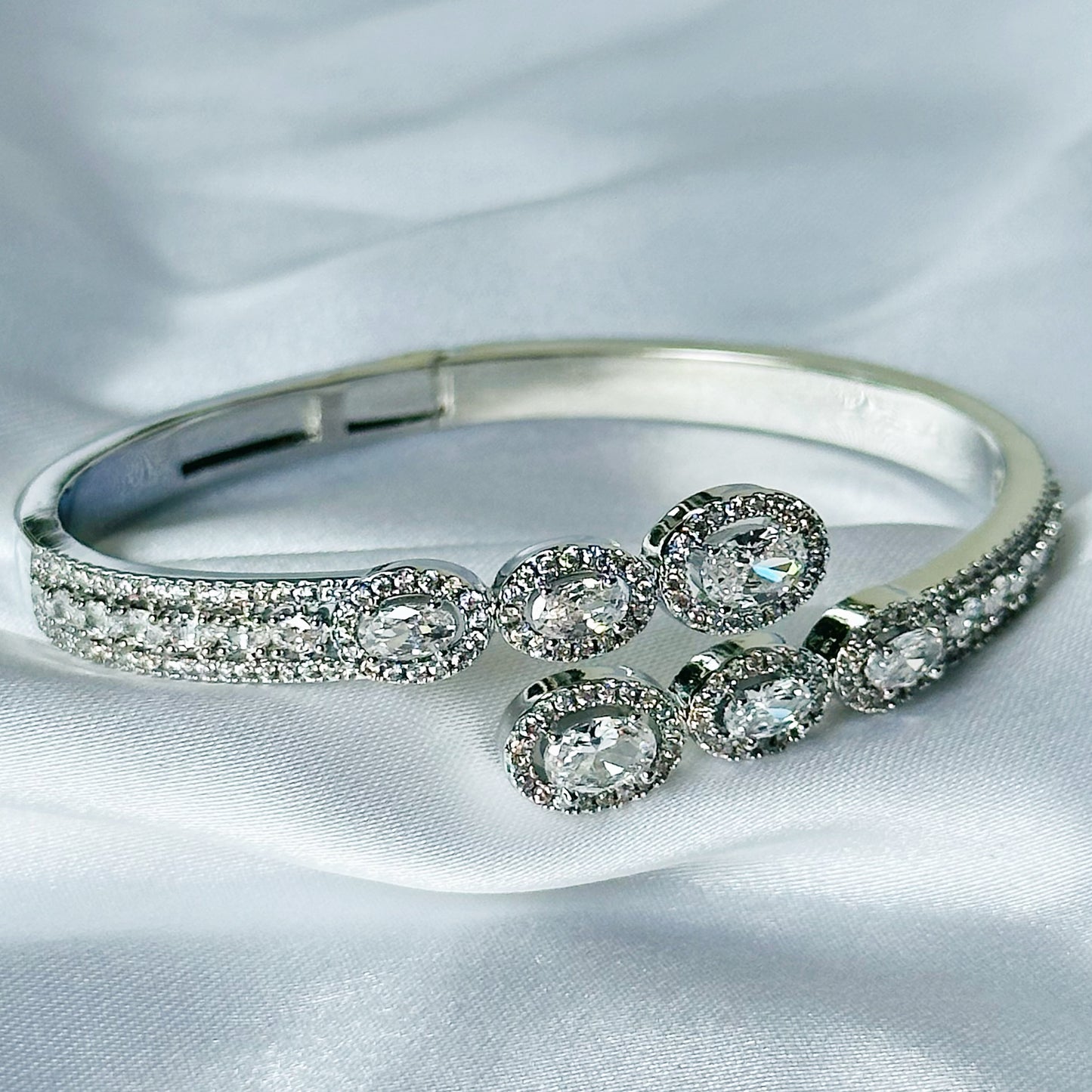 American Diamond Silver Plated Adjustable Bangle Bracelet
