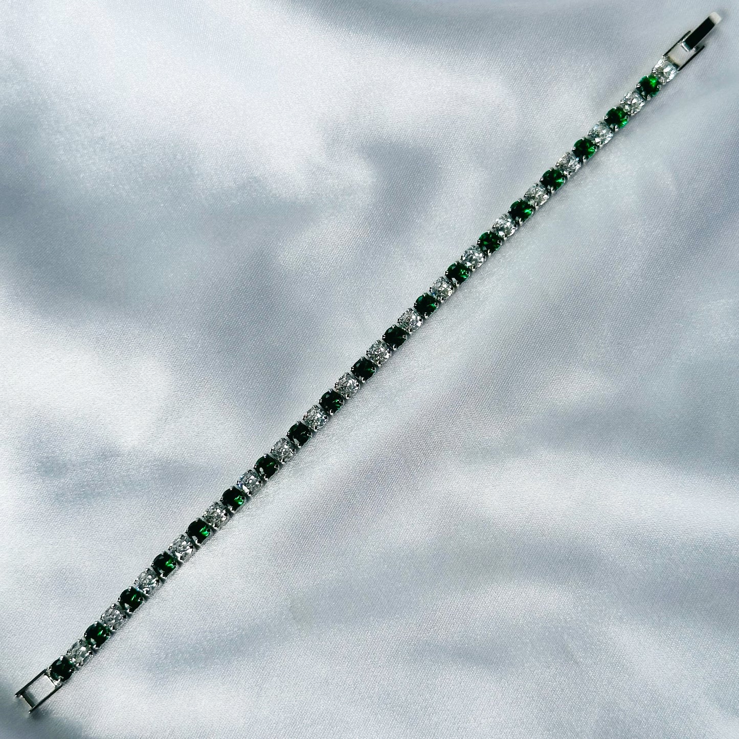 Green Emerald Cubic Zircon Silver Plated Tennis Chain Bracelet