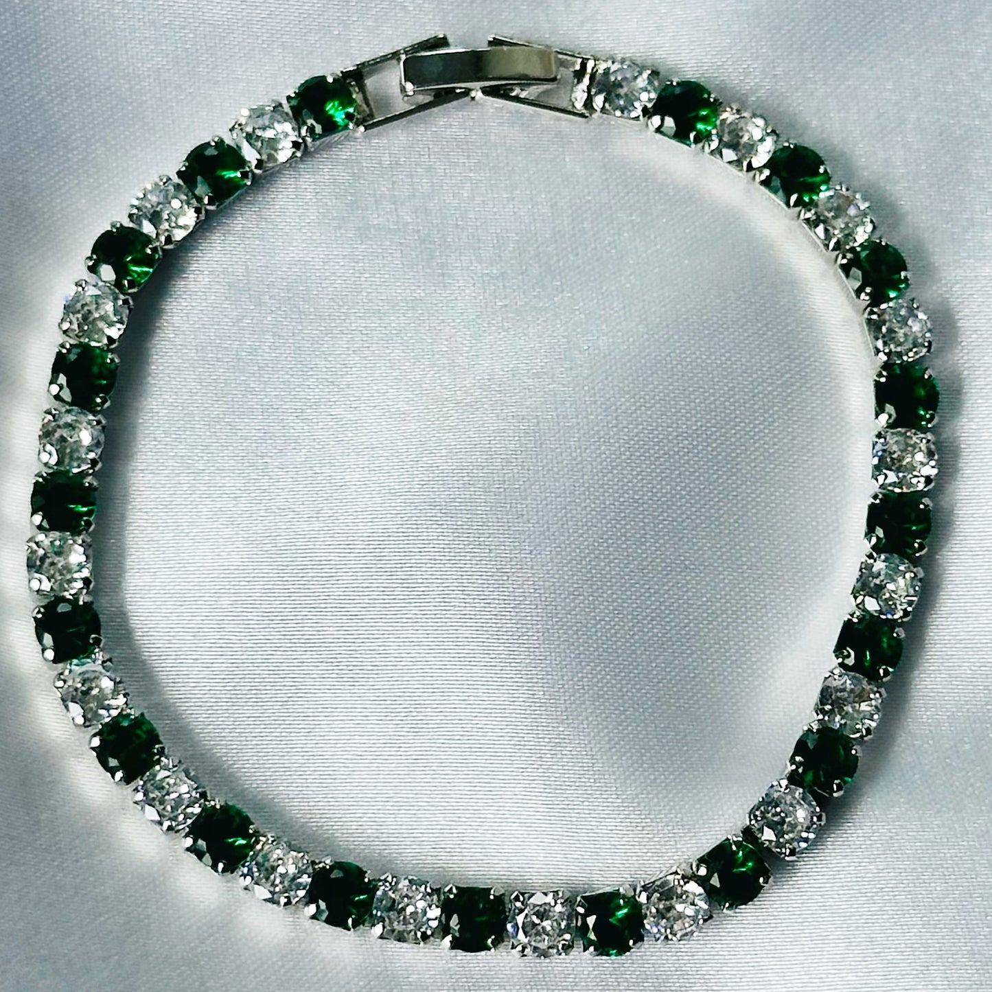 Green Emerald Cubic Zircon Silver Plated Tennis Chain Bracelet