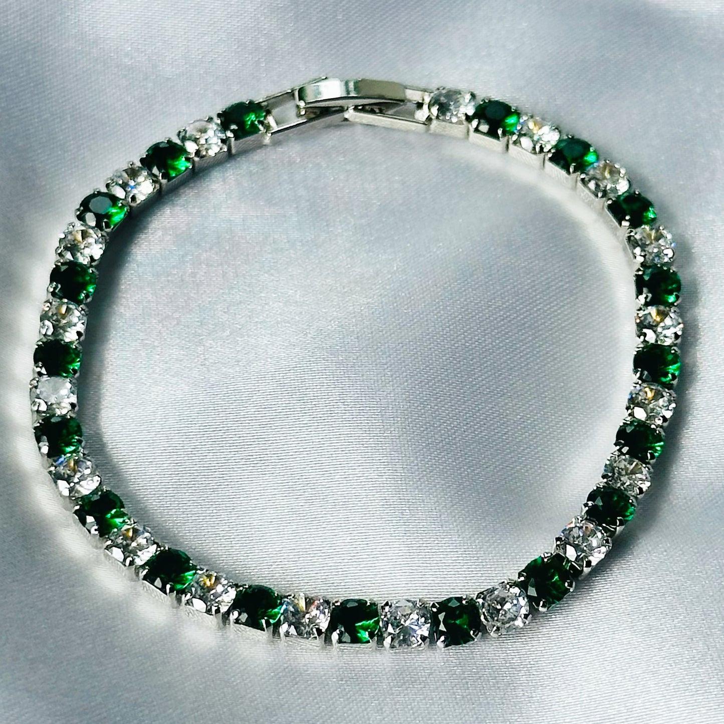 Green Emerald Cubic Zircon Silver Plated Tennis Chain Bracelet
