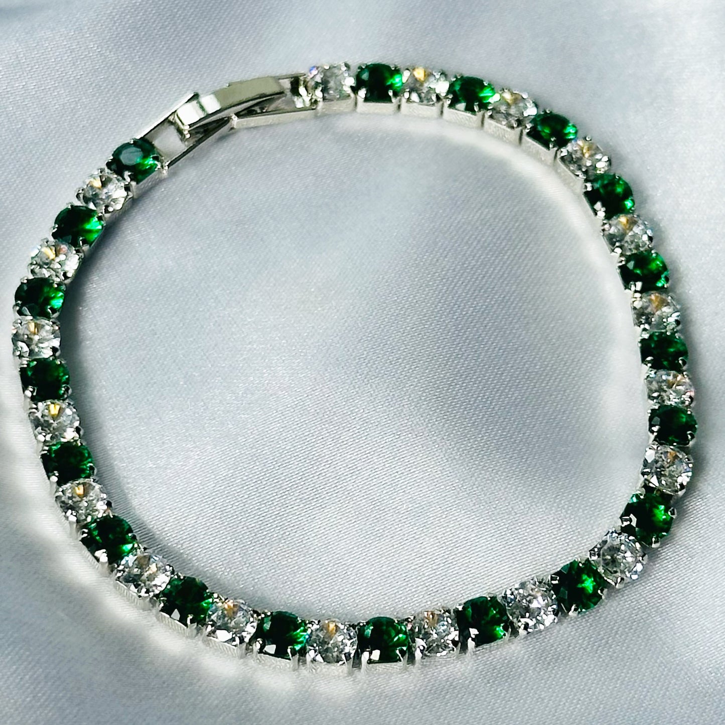 Green Emerald Cubic Zircon Silver Plated Tennis Chain Bracelet