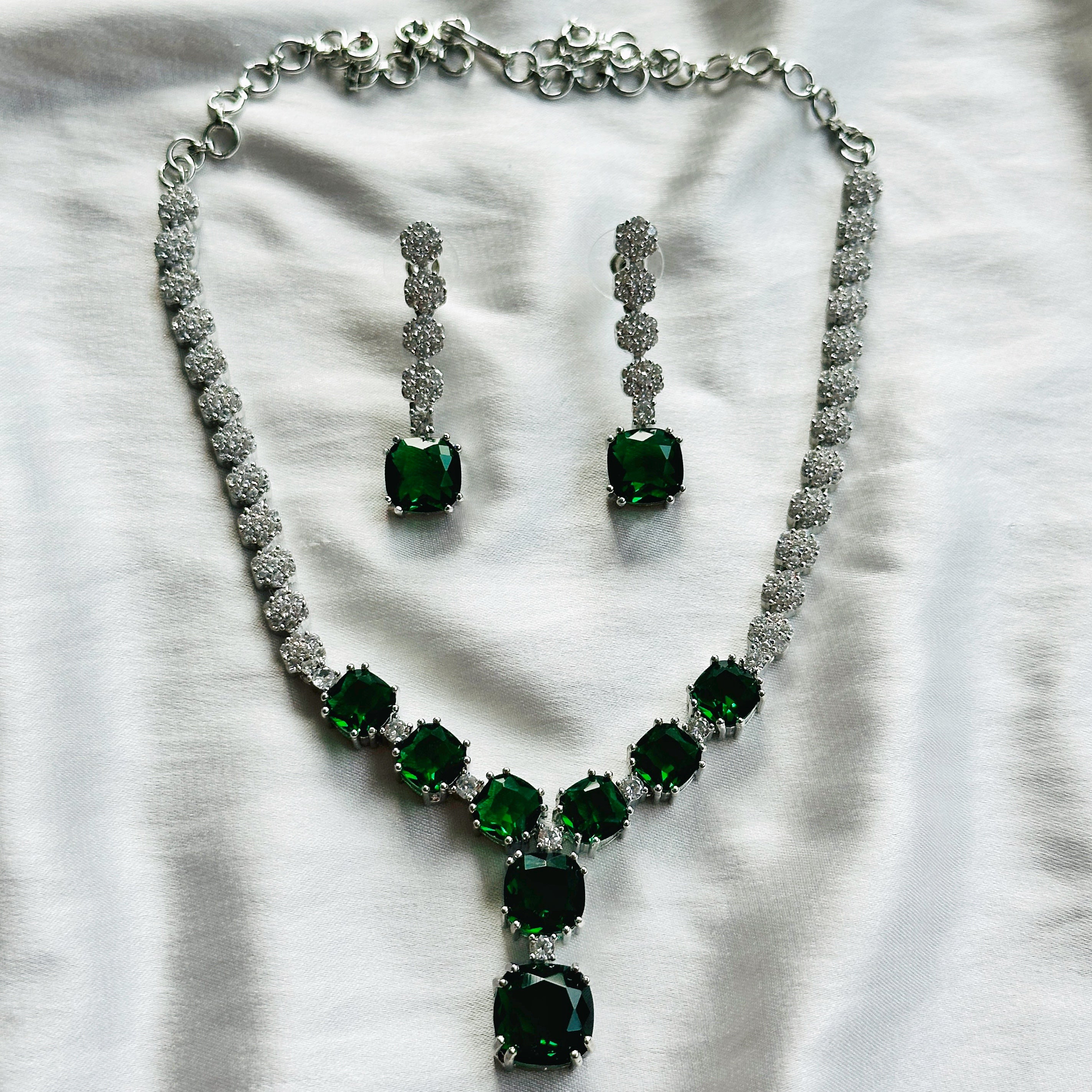 Green Emerald Cubic Zircon Stones American Diamond Silver Plated Necklace Set