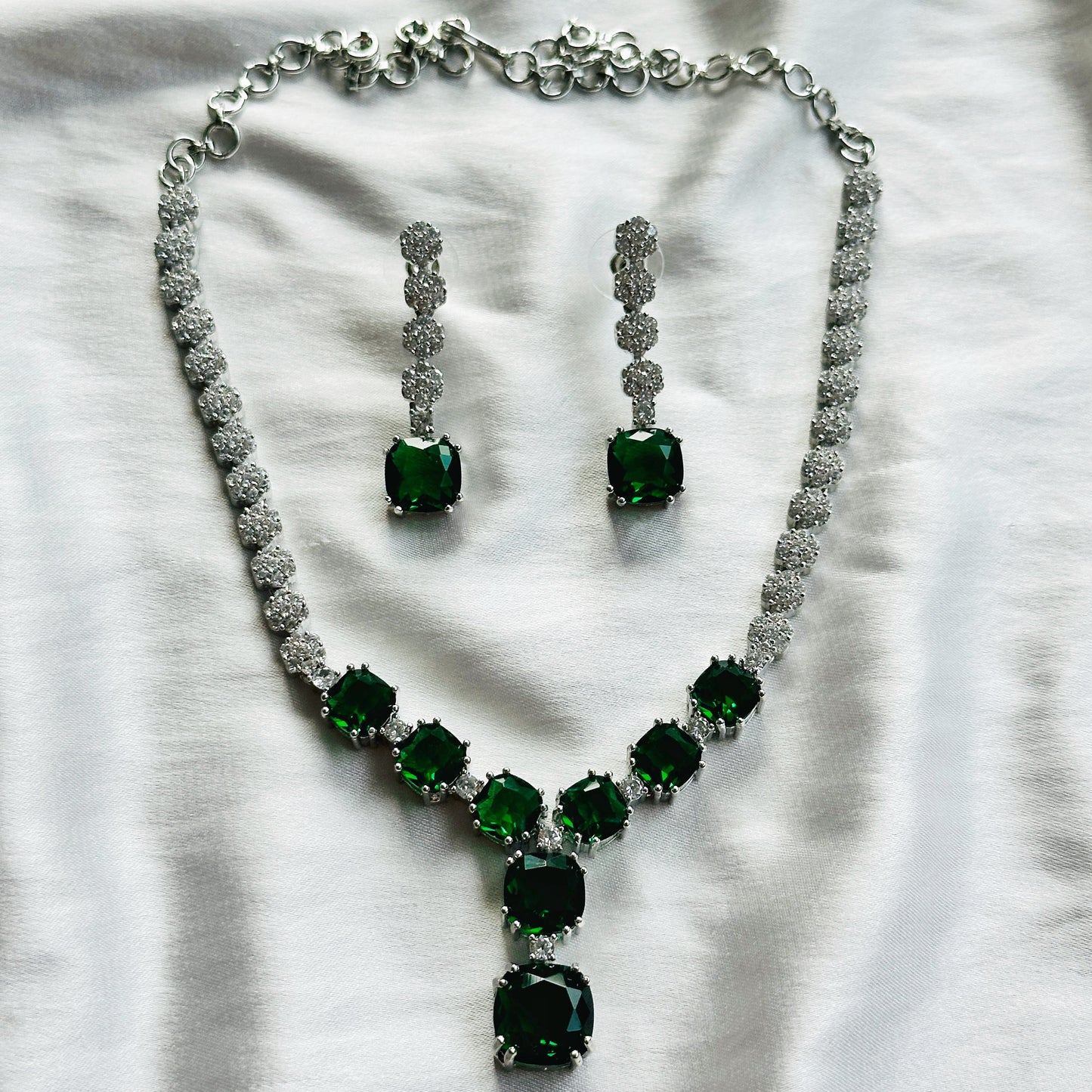 Green Emerald Cubic Zircon Stones American Diamond Silver Plated Necklace Set