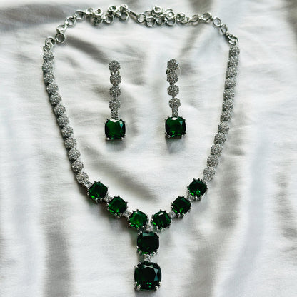Green Emerald Cubic Zircon Stones American Diamond Silver Plated Necklace Set
