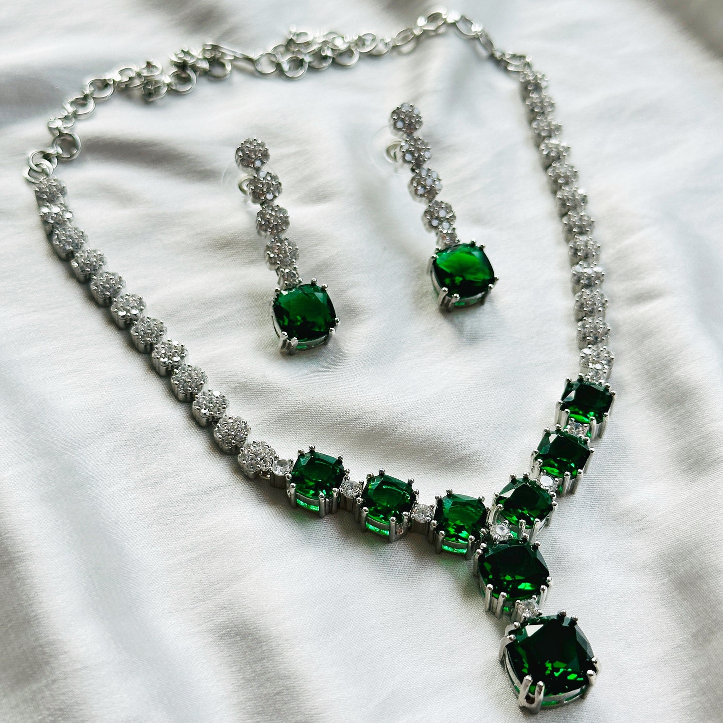 Green Emerald Cubic Zircon Stones American Diamond Silver Plated Necklace Set
